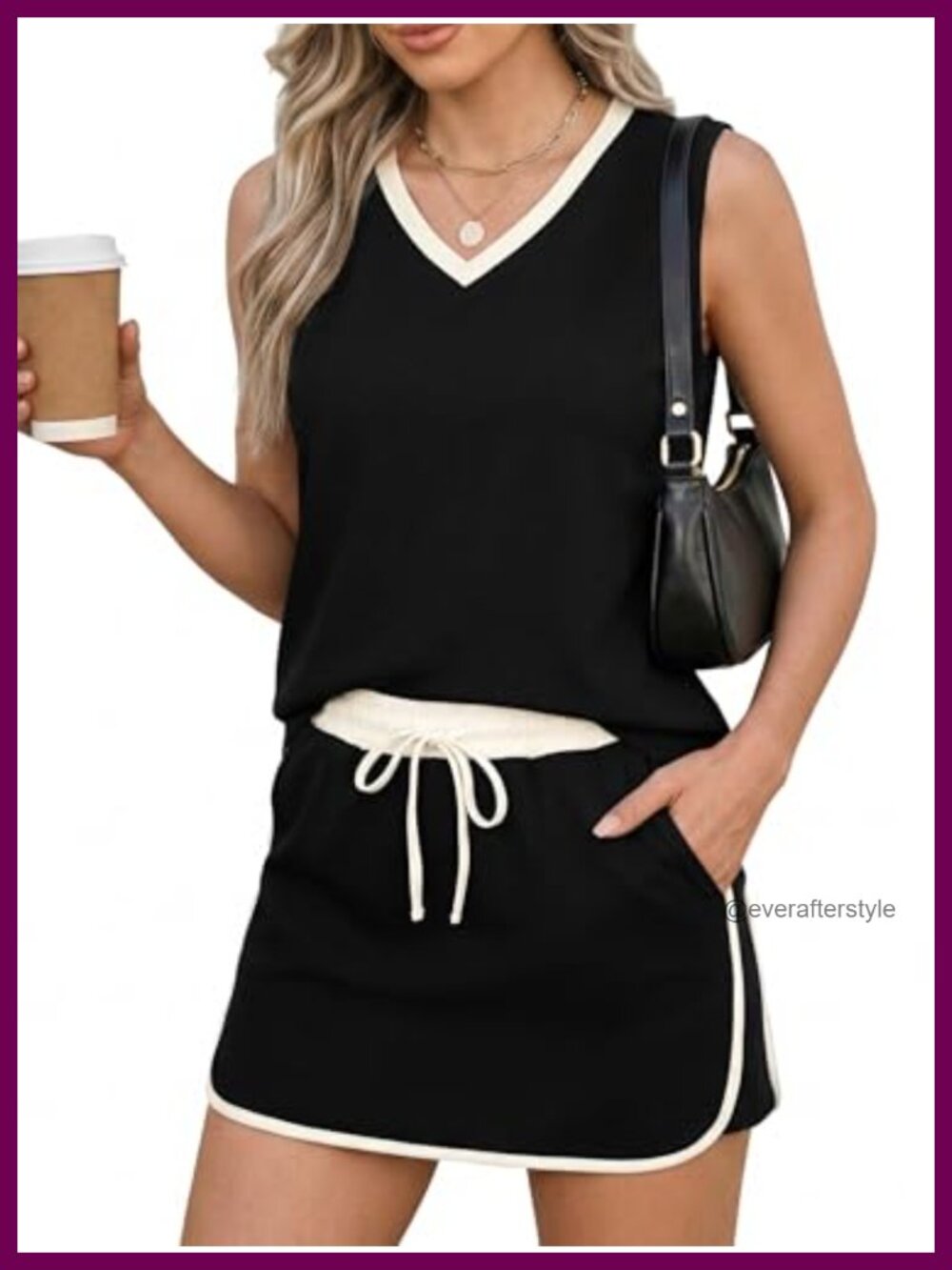 Casly Lamiit 2 Piece Skirt Set Sleeveless V-Neck Top Drawstring Skirt Pockets